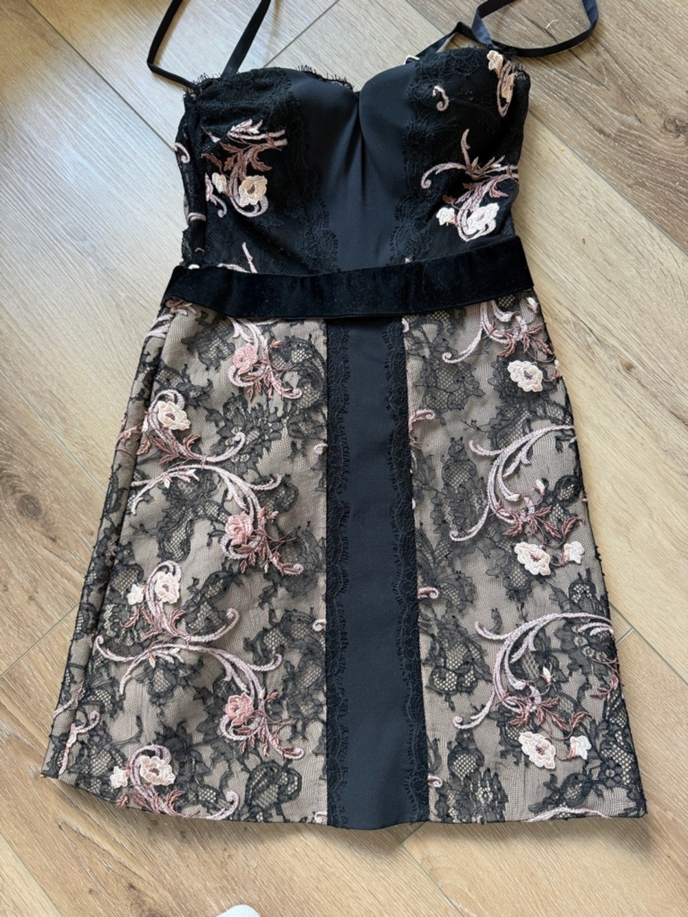 La Perla Black and Blush Floral Lace Mini Dress